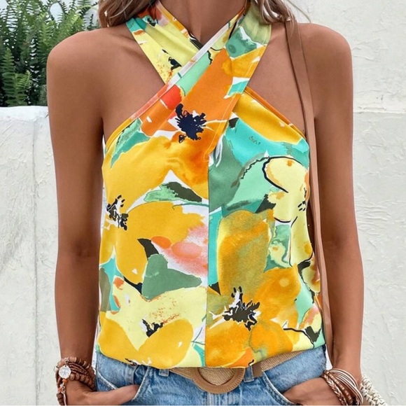 Boho Floral Print Halter Tank Top - Picture 2 of 3